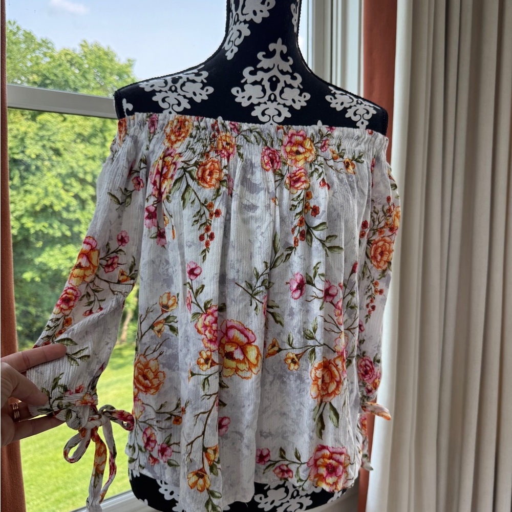 One Clothing Orange Green Floral Off-Shoulder Blouse